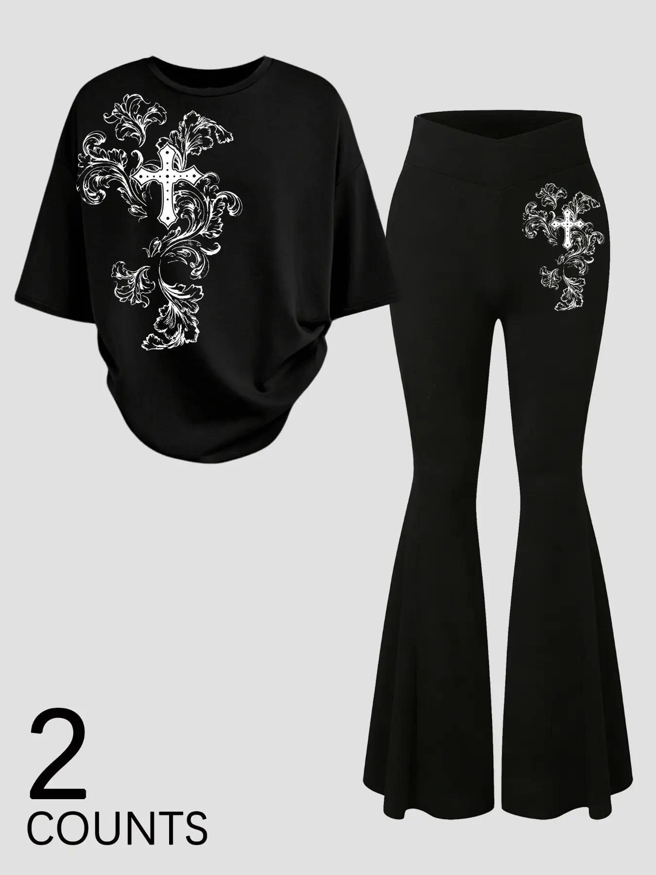 Two-piece set of leggings and t-shirt with Gothic floral cross, Short Y2K dark aesthetic Casual style Streetwear, perfect for young people's everyday summer street wear Outfit, Summer Matching Set