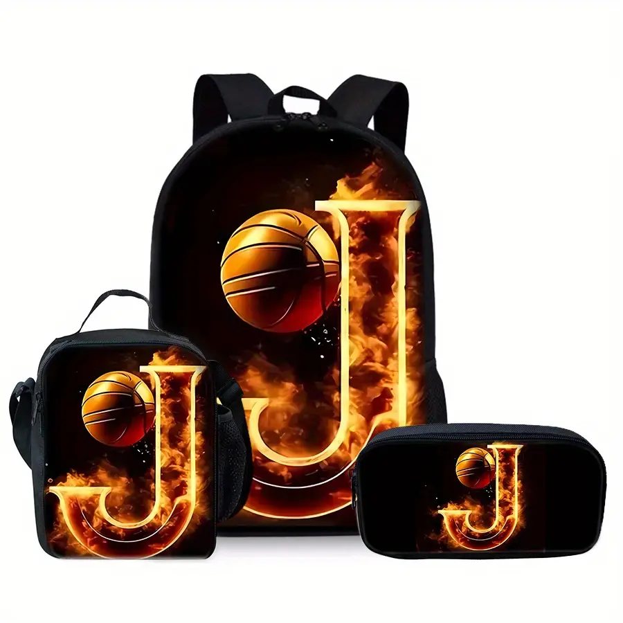 Teenager's 3-Piece Bold Logo Flame Basketball Design Backpack Set with Letter J, Chic Waterproof 3-in-1 Functional Luggage Bag, Bold Logo Backpacks, Chic Waterproof Backpacks Stylish Daypacks