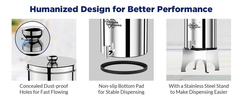 Membrane Solutions Stainless Steel 2.25G Gravity Water Filter Countertop Water Filtration System with 3 Pack 0.1-Micron UF Filters, for Home, Camping, and RVing