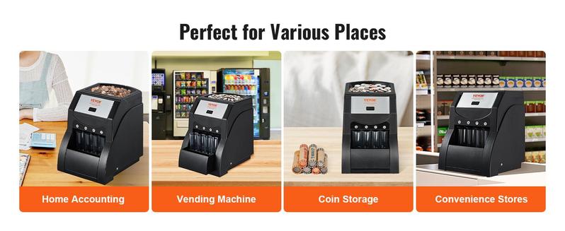 VEVOR USD Coin Sorter, TikTokShopBlackFriday, Coin Sorter Machine for USD Coin 1￠ 5￠ 10￠ 25￠, Sorts up to 230 Coins/min, Coin Sorter and Wrapper Machine Holds 200 Coins Included 4 Coin Tubes, Black  VEVOR Super Brand Day