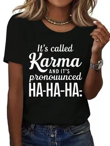 Karma Print Top Women's Black Cotton Loose Sporty Party Style Crewneck Short Sleeve T-Shirt with Funny Slogan for Personality