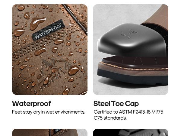 NORTIV 8 Steel Toe Boots for Men Waterproof Pull-on Wellington Work Boots Boy Footwear Closed Comfort Walking Shoes Rugged Leather Upper Construction Site Tough