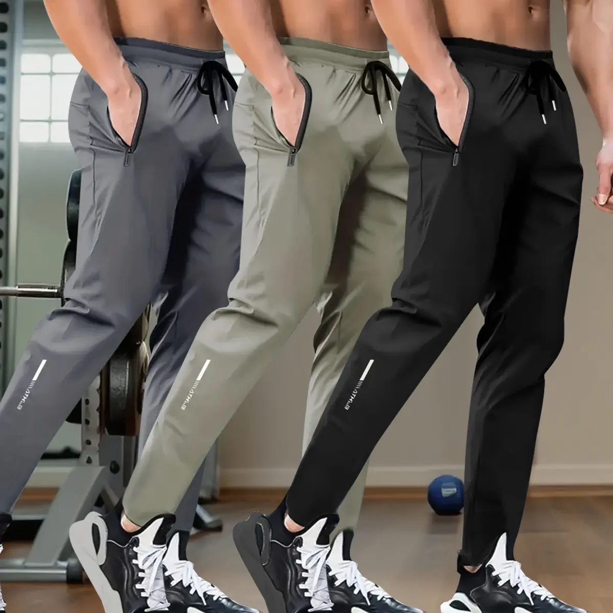Men's 3-Pack Straight-Leg Fitness Trousers - Lightweight Breathable Loose Gym Workout Pants with Zipper Pockets, Adjustable Drawstring Waistband, Multi-Color for Casual Wear & Year-Round Sports
