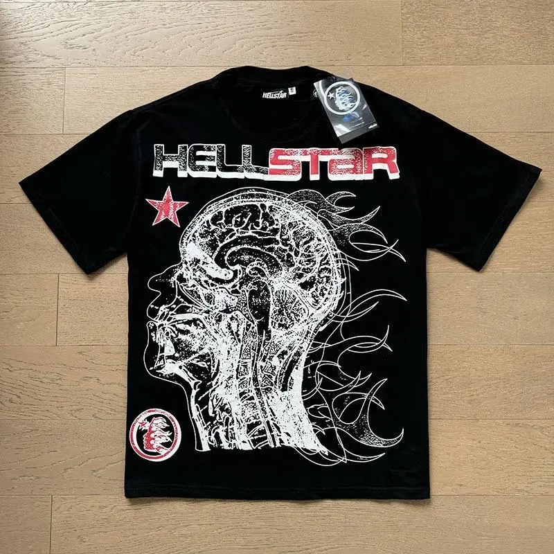 Hellstudio Ins Same Vintage Printed Top V2 Men's and Women's Casual Trend Cotton Washed Short Sleeve T-shirt Womenswear Tshirt Streetwear Summer Crewneck Oversize