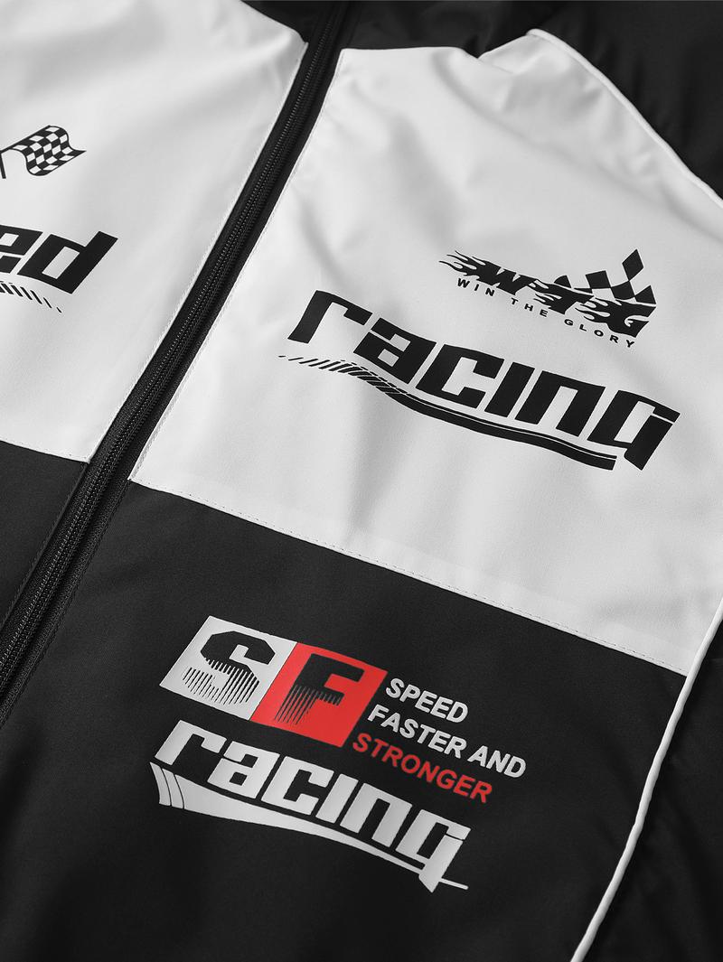 Men's Fashion Racing Graphic Stand Collar Jacket, Lightweight Windproof Outdoor Casual Bomber Jacket, Trendy Color Block Retro Streetwear for Spring/Fall Daily Activities