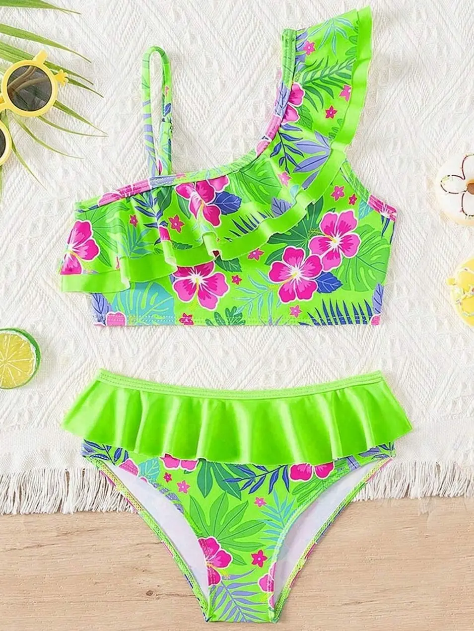 Girls Tropical Floral Ruffle Bikini Set, Asymmetrical Two-Piece Swimsuit for Summer Beach