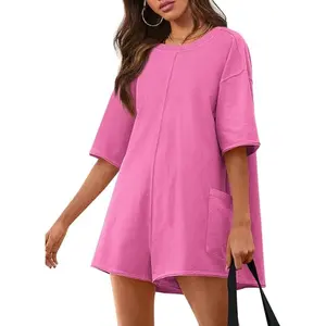 Imily Bela Comfort Baggy Tee Rompers for Women Summer Lady Athletic Oversize Romper Short Sleeve Jumpsuit Basic can be Worn on Both Sides Onesie with Pockets Casual Womenswear Overalls