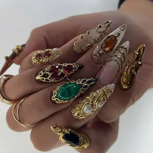 Royal Baroque Gemstone Press On Nails Gold Sculpted Frames Ruby Emerald Pearl Accents Nude Clear Base Long Stiletto Shape Handmade Luxury Nail Art Opulent Vintage Statement Custom Glam Set