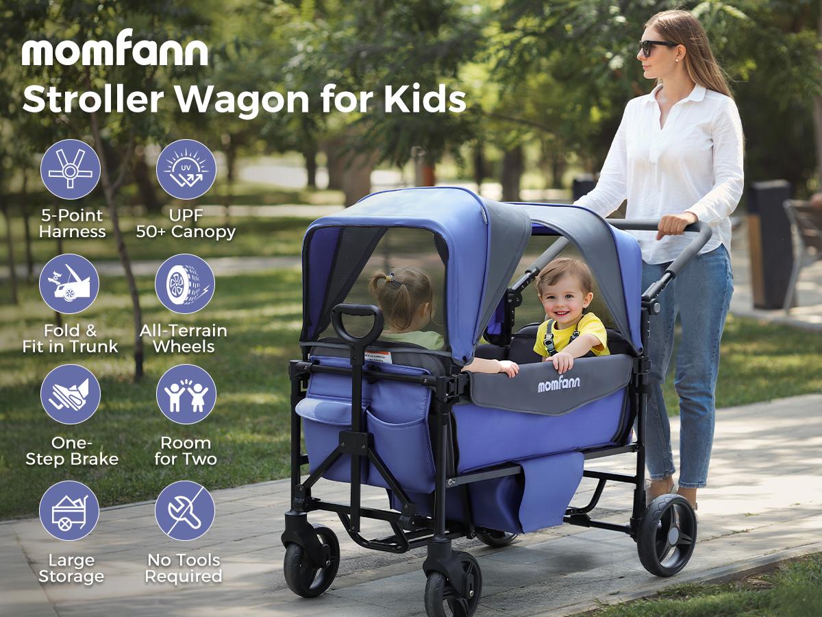 Momfann 4 in 1 Baby Stroller Wagon, All-Terrain 2 Seaters Baby Wagon with Canopy, Parent Organizer, Adjustable Handle & Pull Bar for Infants and Toddlers