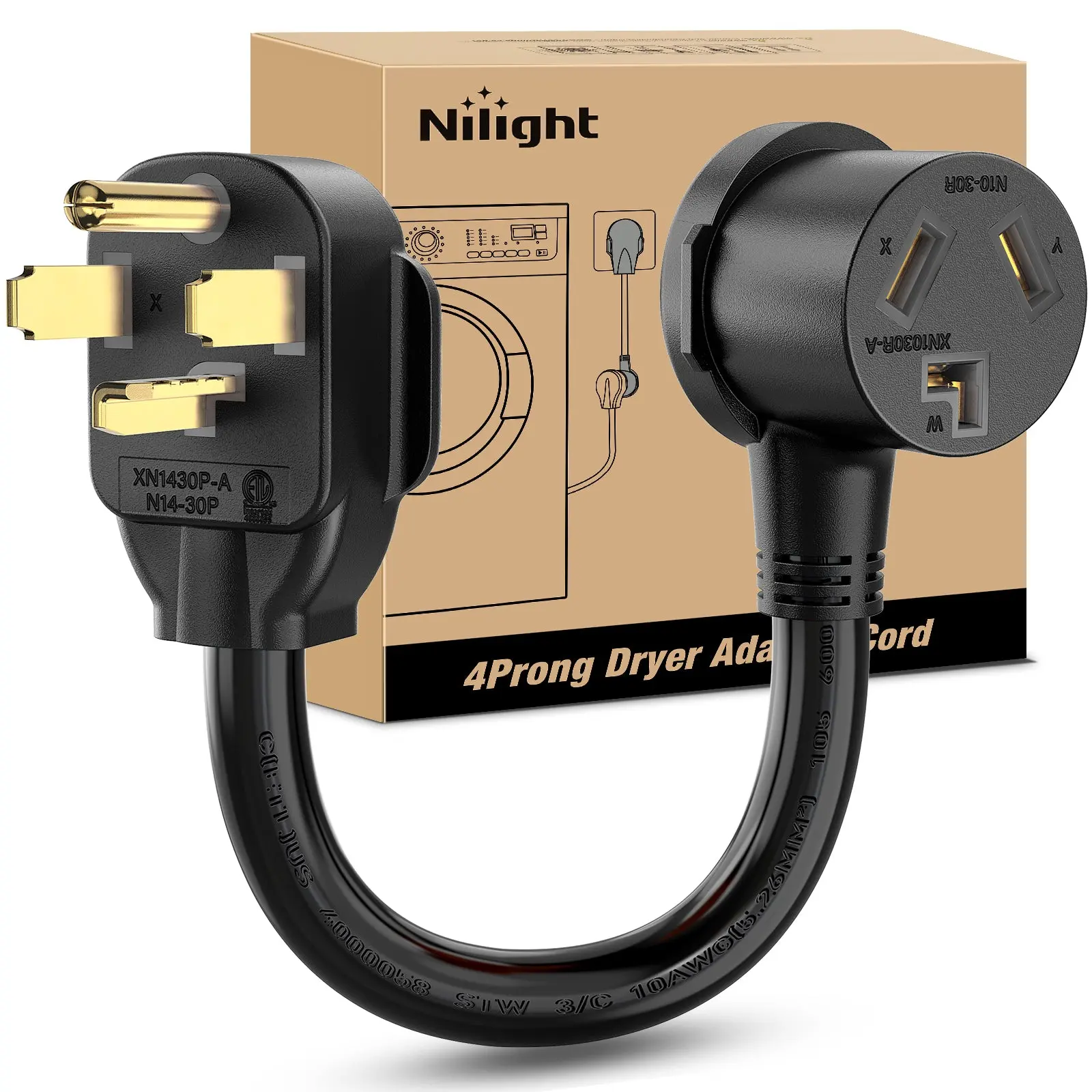 Nlilght EV Dryer Adapter Cord 30 Amp to 30Amp 4 Prong 125V/250V 7500 Watt Pure Copper Dryers New Outlet Old Plug Conversion Heavy Duty 10 Gauge Wires 14-30P 10-30R 30M/30F