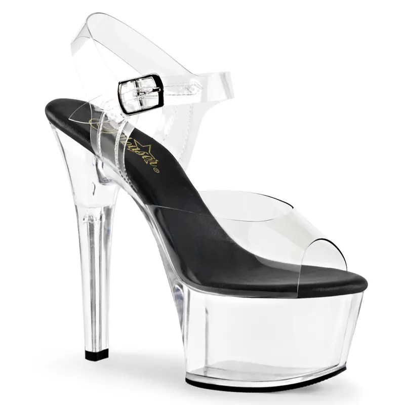 Pleaser Aspire-608 Women's Elegant Platform Shoes - Open Toe Ankle Strap Vegan Leather Insole Sandals, 6 inch Heels, 2 1/4 inches Platform, Secure Fit for Evening Events, Night Out, Black/Clear
