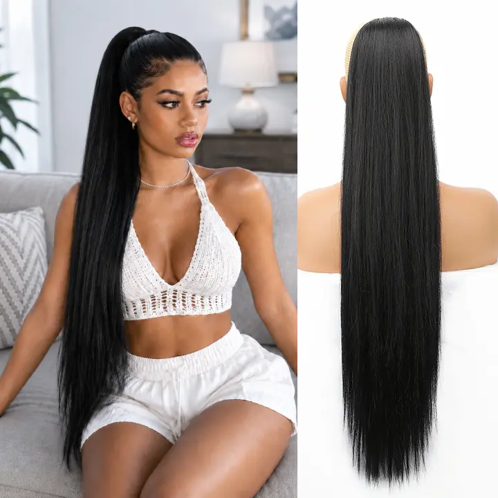 ORSUNCER Ponytail Extensions Drawstring Long Straight Fake Pony Tail Natural Soft Clip in Hair Extension Synthetic Heat Resistant Hairpiece 32 Inch Black For Women