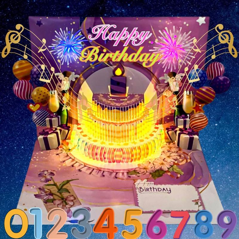 BREEZA Birthday Cards Fireworks Pop Up Cake Blowable Light and Music Happy Birthday CardGifts for Wife,Husband, Grandpa,Grandma,Daughter,Son Birthday Gift,Cake Fireworks LED Candle Lights,3D Birthday Card with Music and Colorful Lights
