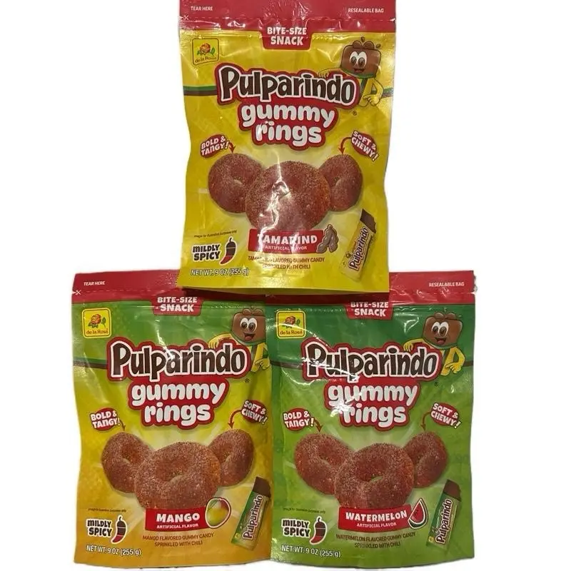 Pulparindo Gummy Rings Tamarind, Mango Or Watermelon with Chili Candy 9oz Mildly Spicy gum fruit pack Mexican Sour snack outdoorfun