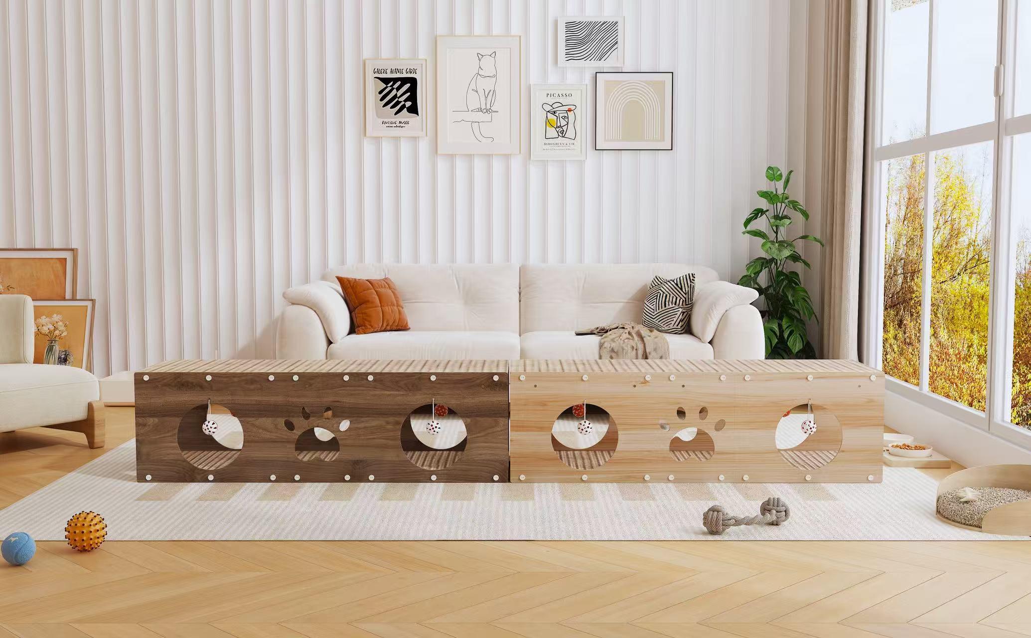 IRONCK Large Wooden Cat House & Scratcher with Ball Toy | Durable Pet Furniture for Indoor Cats, 2-in-1 Playhouse & Cat Bed