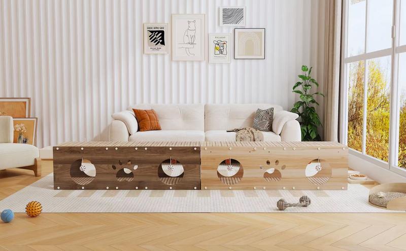 IRONCK Large Wooden Cat House & Scratcher with Ball Toy | Durable Pet Furniture for Indoor Cats, 2-in-1 Playhouse & Cat Bed