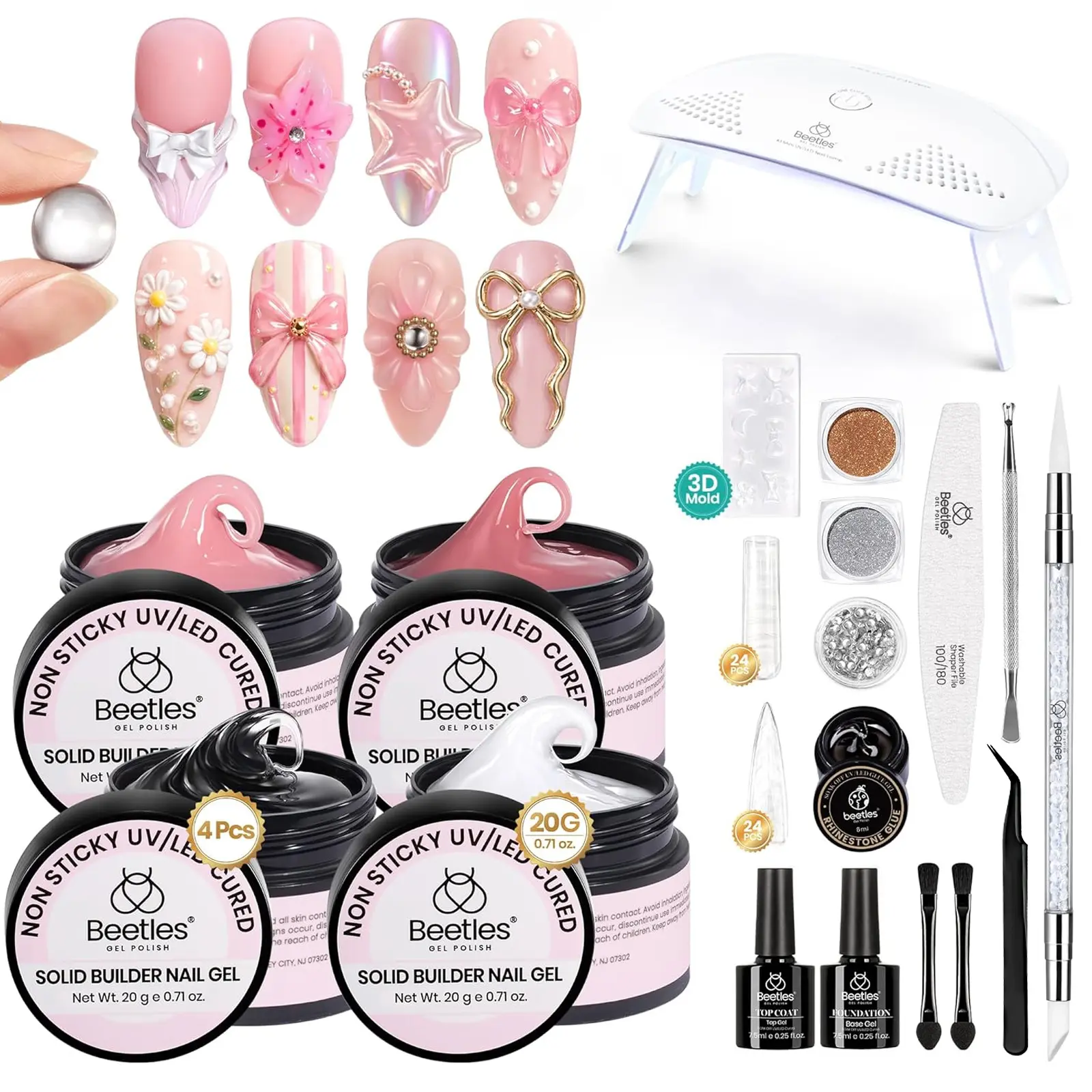 Beetles Solid Builder Gel for Nails, Clear Pink White Hard Gel for Nails 3D Sculpting Gel Non-Sticky Hand Carving Gel Nail Glue Extension Gel with Mold Chrome Nail Powder Tools Salon DIY Dealsforyoudays outdoorfun