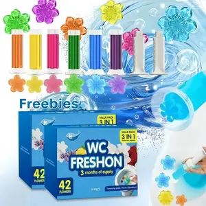 Toilet Gel Stamp, 3 Pack/42 Toilet Stamps,Toilet Bowl Stamp Gel, Toilet Gel Refills, Toilet Refresh Flower Scent Gel, Includes Dispenser and Gel, 3 Pack/set Last for three Month (Colors selected randomly)