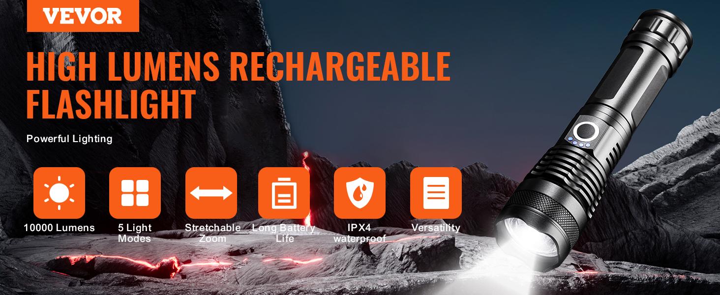 VEVOR High Lumens Flashlight, TikTokShopBlackFriday,  IPX4 Waterproof Emergency Lighting for Camping, Hiking, Running, Hurricane, Cycling, Sports Accessories, Bikepacking