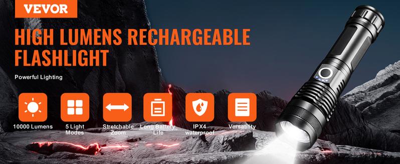 VEVOR High Lumens Flashlight, TikTokShopBlackFriday,  IPX4 Waterproof Emergency Lighting for Camping, Hiking, Running, Hurricane, Cycling, Sports Accessories, Bikepacking