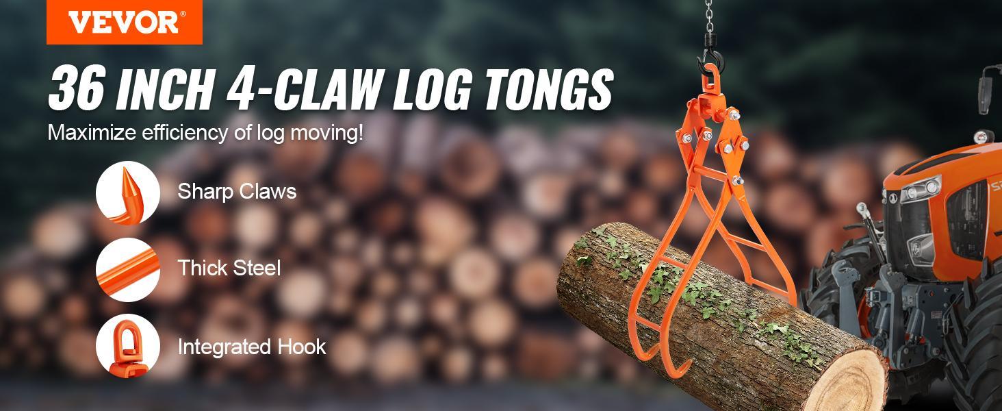 VEVOR Timber Claw Hook, 36 inch 4 Claw Log Grapple for Logging Tongs, Swivel Steel Log Lifting Tongs, Eagle Claws Design with 3307 lbs/1500 kg Loading Capacity for Tractors, ATVs, Trucks, Forklifts