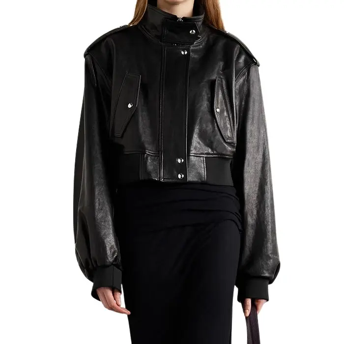 Ayra Cropped Leather Bomber Jacket