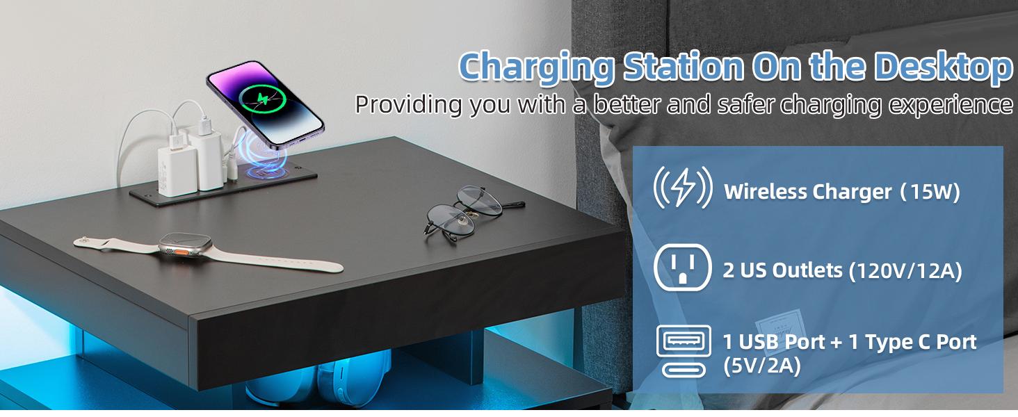 HOMMPA Black Nightstand with Wireless Charging Station High Gloss 3 Drawers Bedside Table USB Type C Charging RGB LED Lights Organizer for Bedroom Modern Design