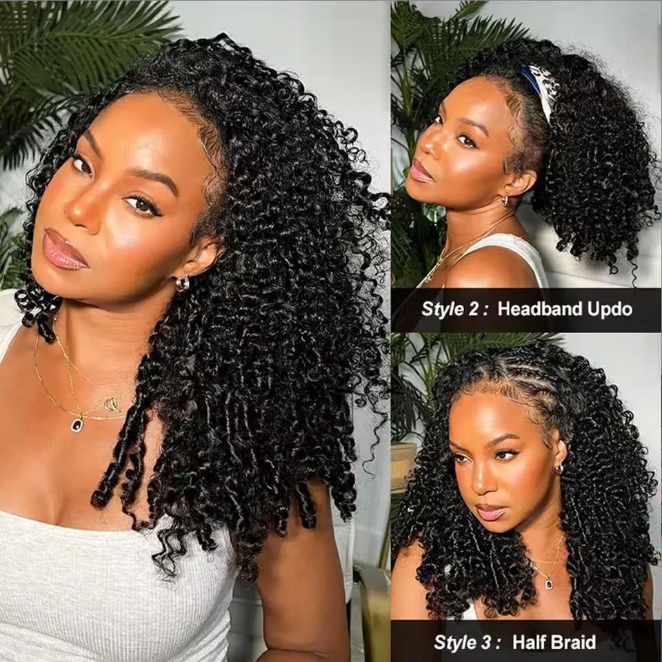 Half Wig Human Hair Burmese Curly Glueless Wig Human Hair Ready to Wear Kinky Curly 3 IN 1 Half Wig With Drawstring 180% Curly Half Wig