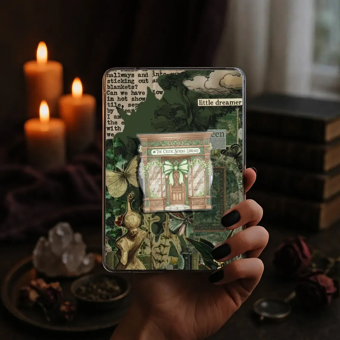The Celtic Scroll Library Kindle Grip Saint Patrick's Day Book Bookish Green Clover Magnetic Kindle Grip Book Lover Kindle Accessories Phone Holder PopSocket Phone Grip Magnetic Pop Socket Phone Grip
