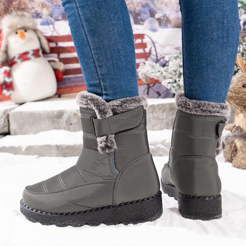 Winter Snow Boots for Women Fur Lined Warm Waterproof Slip On Booties with Breathable Fur Lining Slip Resistant Sole Black Oxford Cloth Upper Velcro Closure Outdoor Booties for Camping Walking