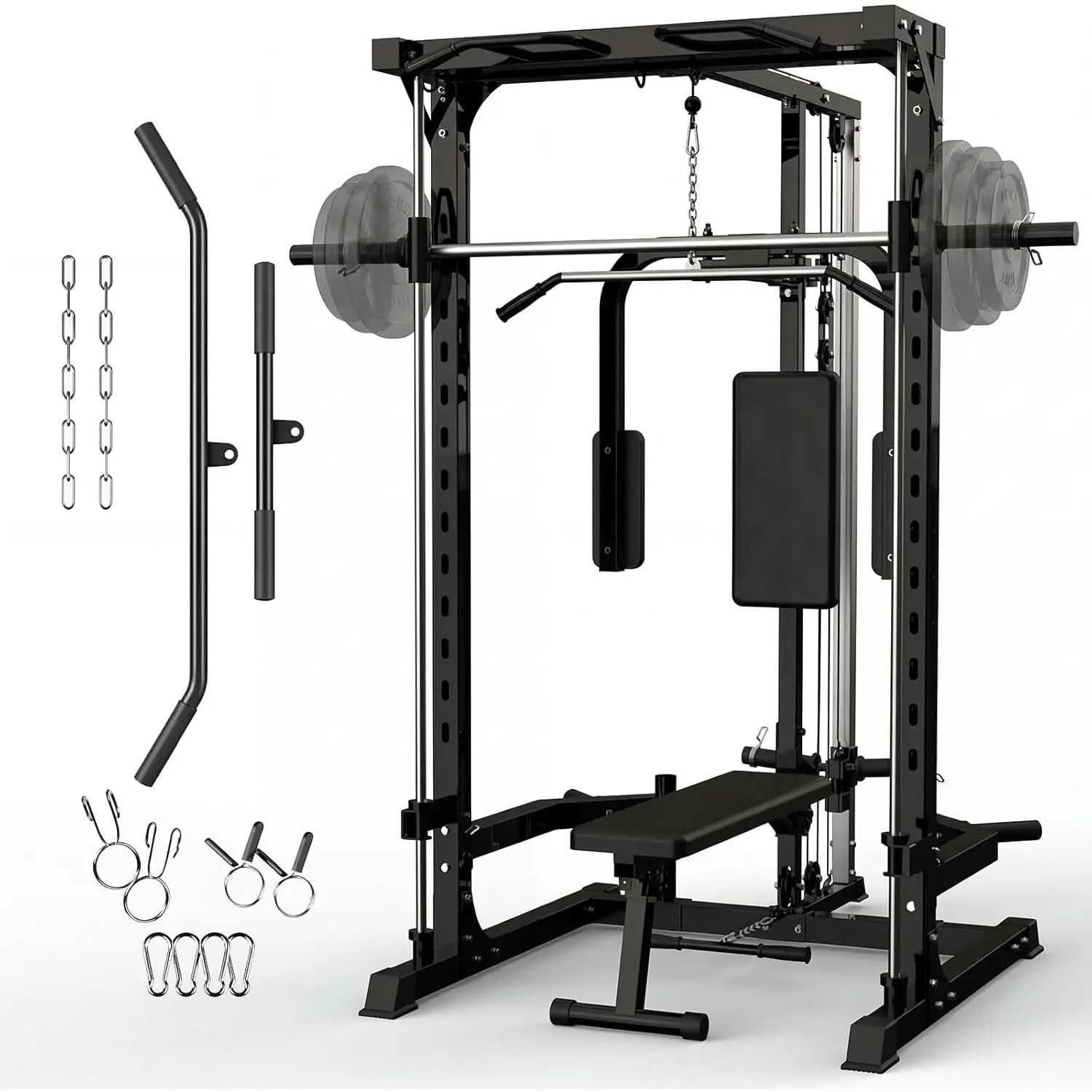 Heavy-Duty Carbon Steel Smith Machine with Bench, 1000 lb Capacity Power Cage Squat Rack, Smith Bar, LAT Pulldown System, Chest Station & Multiple Training Attachments for Fitness Enthusiasts’ Full Upper & Lower Body Strength Training