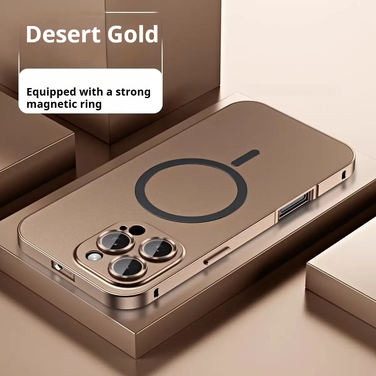 Desert Gold Metal Aluminum Alloy Protective Case for iPhone 17 Pro Max, 16 Pro, 15, 14, 13 - Snap-On, Shockproof Full Protection Cover with Magnetic Ring (Customized Mobile Phone Accessory)