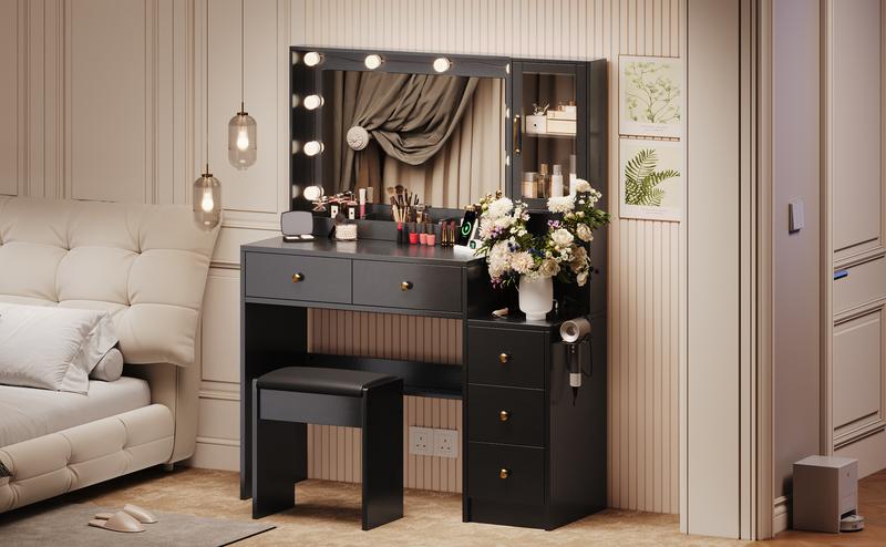 TOKSOM Vanity Desk with Mirror and Replaceable Lamp with 5 Storage Drawers Power Outlet & Chair with RGB Ambient Light Adjustable Brightness for Girls Bedroom Large Corner Desk Vanity Makeup Vanity Desk White Black Valentine's Day Gifts for Women Girls2/3