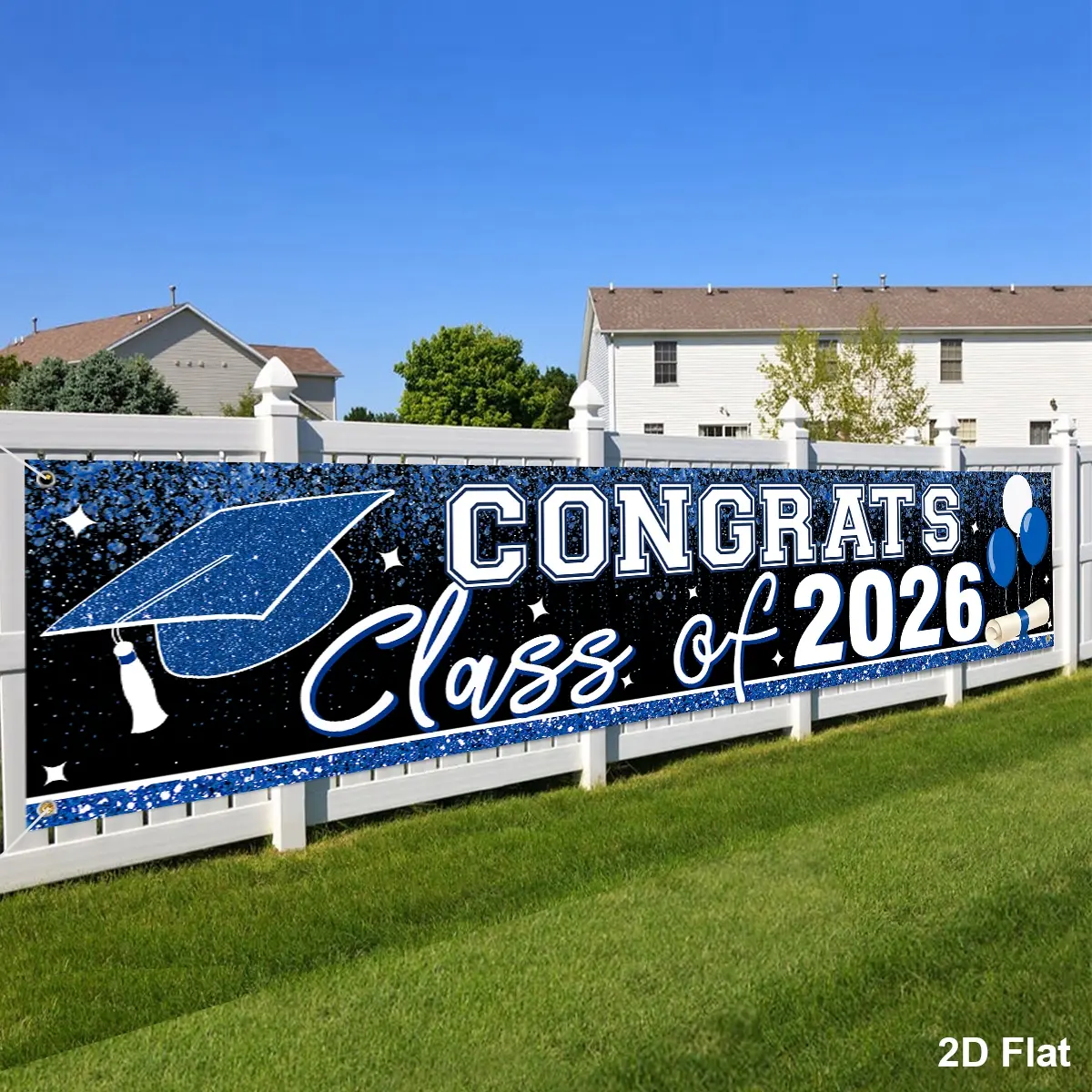 1-Piece Large Graduation Banner (200*40cm) Class Of 2026 Text Print Congrats Grad Yard Sign, Blue White/Black Gold/Black White Gold 2D Flat Hanging Sign for Graduation Party Decor, Fence Backdrop