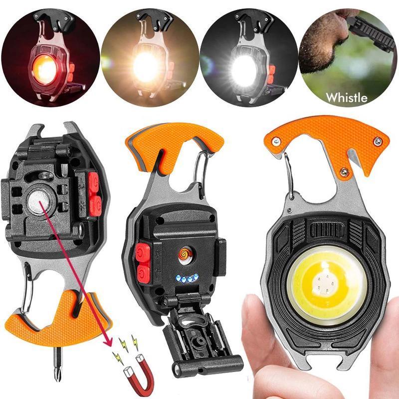LED Small Flashlight Multitool Keychain, Rechargeable COB LED Work Light Rechargeable, Multi Tool Flashlight with Lighter, Magnet, Bottle Opener & Whistle, Survival Gadgets for Camping, Hiking & Emergency Use