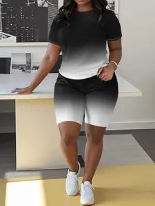 2 piece sets Plus Size Women's Suit for Summer 2025 Polyester Round Neck Gradient Short Sleeved & Shorts Slim Fit Breathable Black And Red Contrasting Cycling Swear