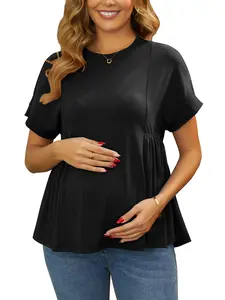 INSPIRE CHIC Women's Maternity Babydoll Top Short Sleeves Pleated Waist Pregnancy t Shirt Peplum Casual Blouse Summer