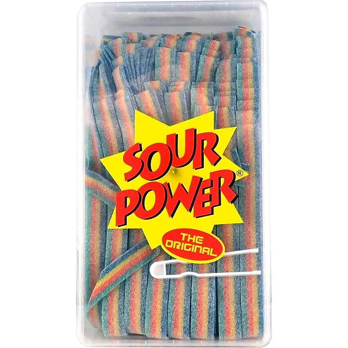 SOUR POWER SOUR BELTS 5 Flavors - Quattro(Rainbow) 2.5 LBS - Blueberry - Watermelon - Strawberry - Green Apple  -  144 Sour Strips Per Tub