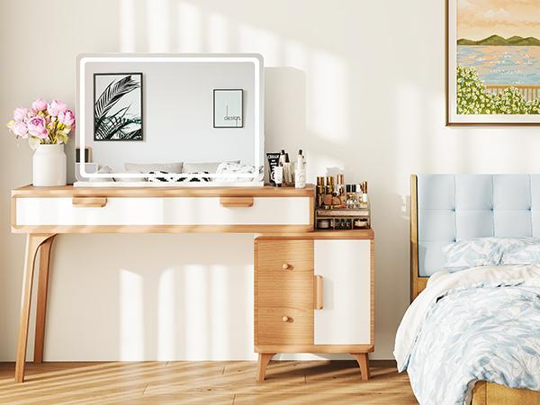 【Valentine's Day Gifts】Vanity Mirror with Lights, LED Makeup Mirror with Dimmable 3 Color Modes, Touch Screen Control Vanity Based Mirror Desk Mirror Square White