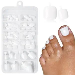 120PCS White Press On Toenails for Women, Short Square French Tip Fake Toe Nails with Adhesive Tabs, Acrylic Glue On Toenail Tips, Natural Artificial False Toenails Kit for Women & Girls