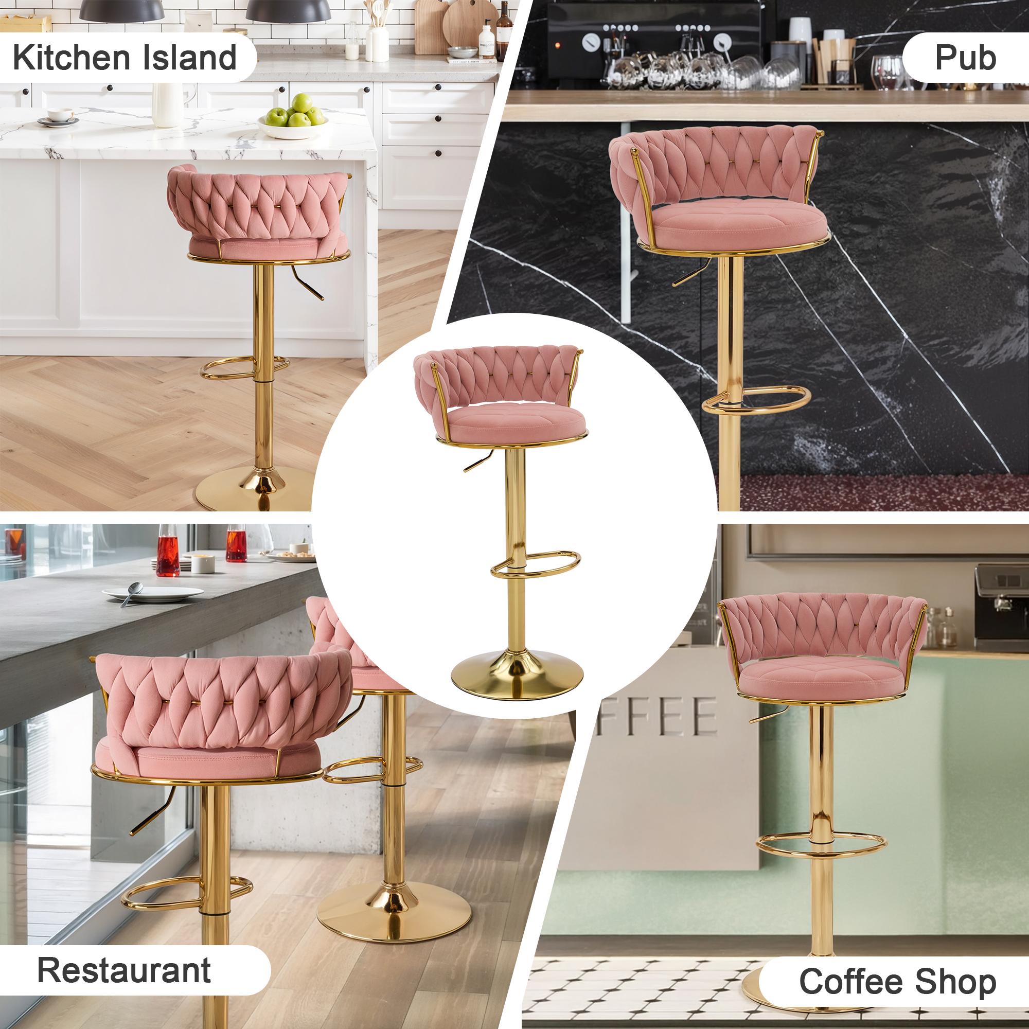 VECELO Bar Stools Set of 2 Woven Modern 360° Swivel Gold Base Bar Stools,Adjustable Height Barstools with Velvet Backs Metal Tall Kitchen Counter Chairs for Bar Pub Home