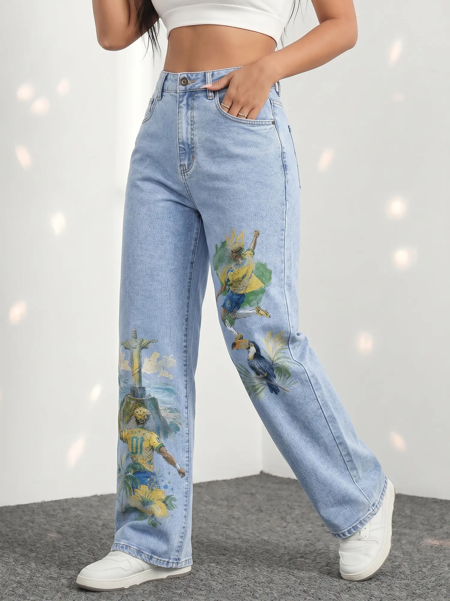 JR JEANIUS WEAR Women’s Thick High-Stretch Light Wash Woven Button Wide Leg Jeans - All-Season Everyday Aesthetic Graphic Denim Bottoms with Soccer, Football, Brazil Athlete, Corcovado Christ Prints for Brazil Fans Streetwear, S, Sporty, Colorful