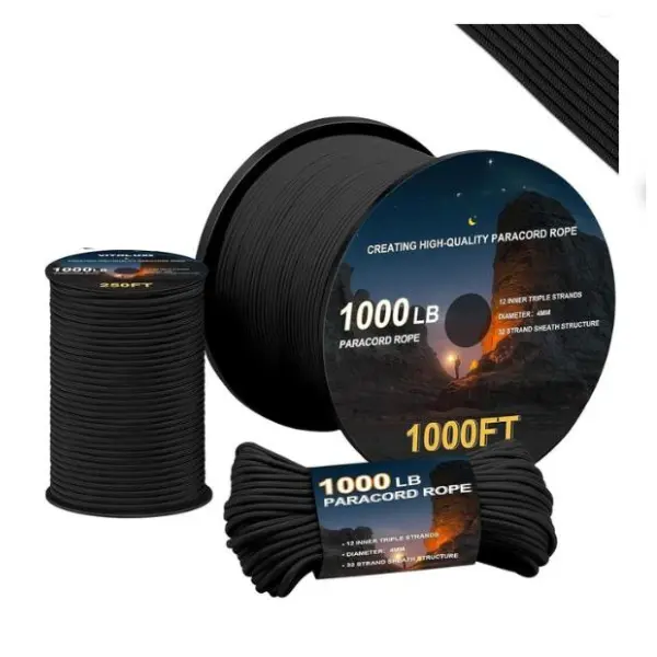 1000lb Paracord Rope, 4mm 12 Triple Strands Paracord, Heavy Duty Tactical Parachute Cord for Survival Gear, Camping, Hiking, and Ideal for Bracelets, Lanyards, Type III