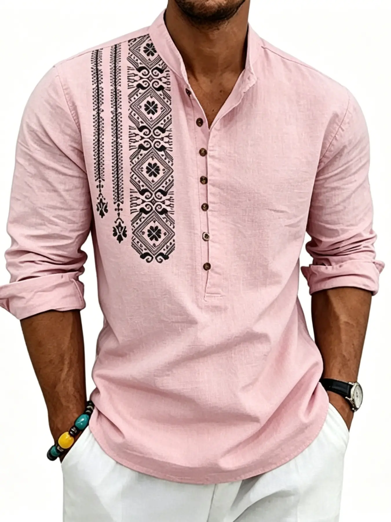 Men's Bohemian Long Sleeve Linen Shirt, Summer Shirts, Casual Boho Shirt, Loose Fit Henry Collar Ethnic Print Casual Top, Breathable Summer Vacation Daily Wear