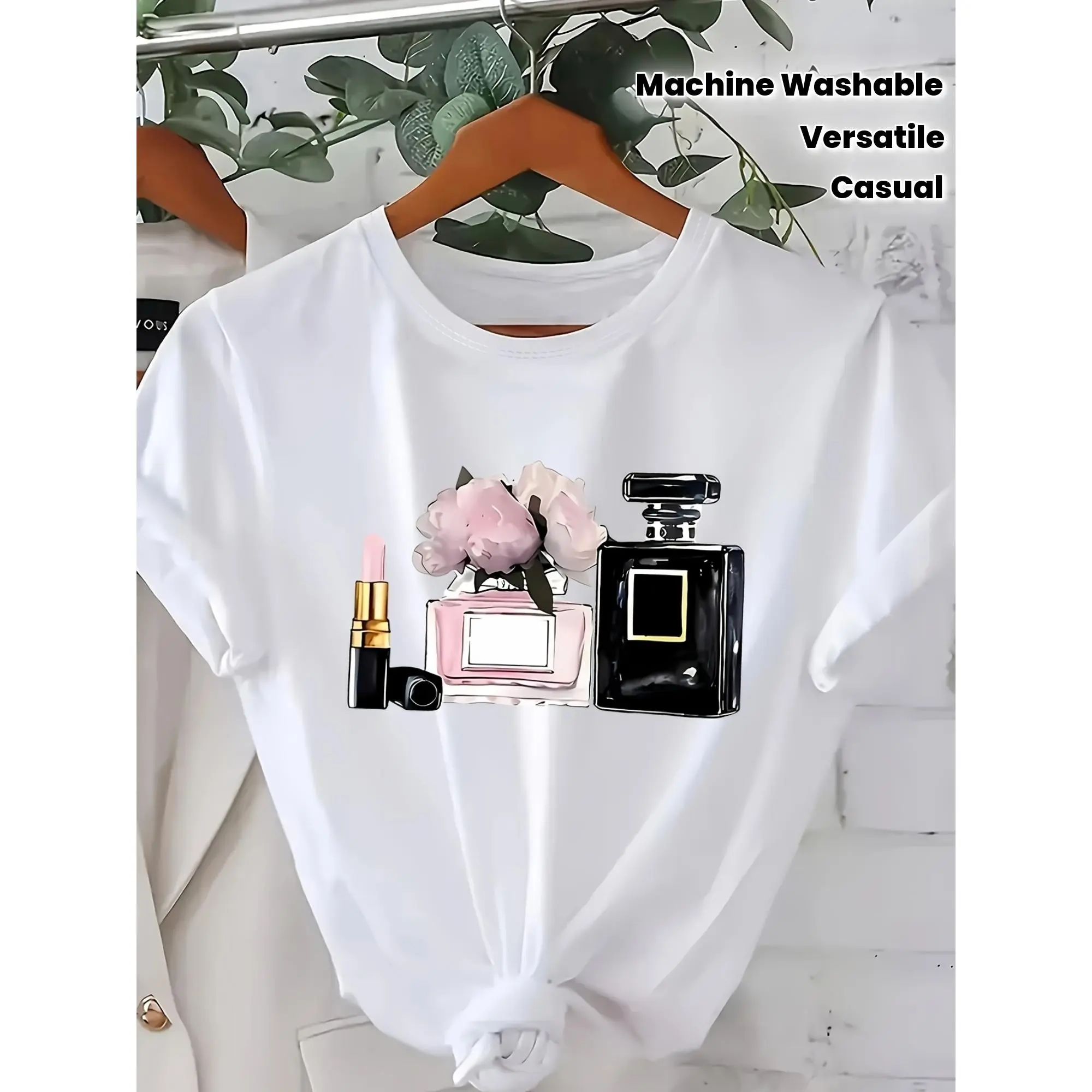 Women's Streetwear T-Shirt with Perfume & Geometric Graphic Print, Casual Round Neck Shortsleeve Top for Spring Summer