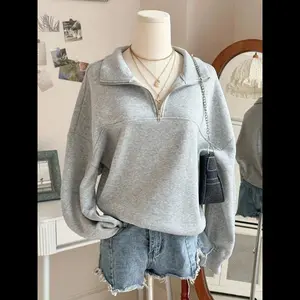 Women's Loose-Fit Zip-Up Pullover Sweater, Back-To-School Style, Graduation Look, Casual Daily Wear, Comfortable Fall Clothing