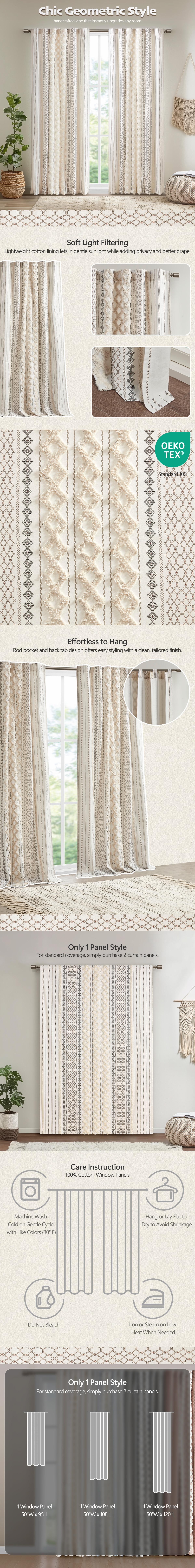 Boho Curtains for Bedroom Single Panel Window Curtains for Living Room, Cotton Tufted Chenille Stripe Modern Farmhouse Light Filtering Drapes for Bedroom,