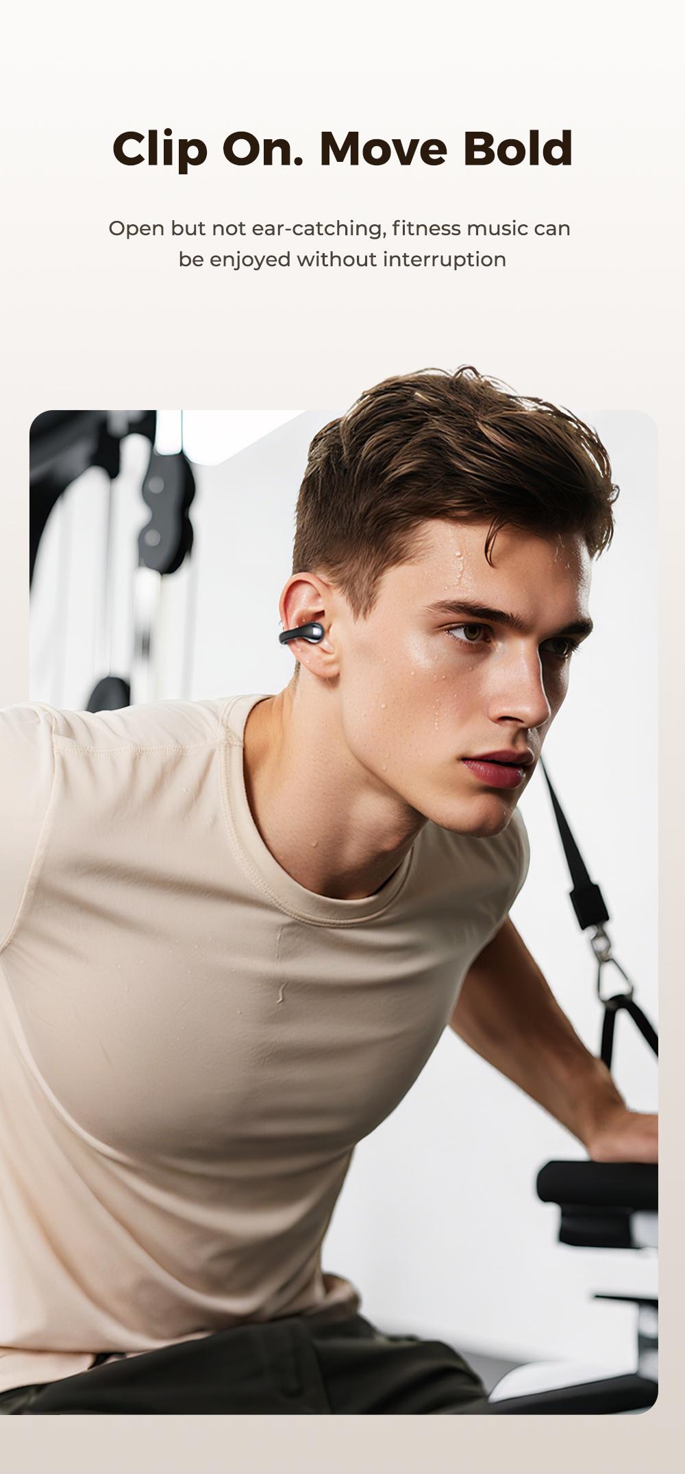 HTC NE56 OWS - The latest clip-on earphones from 2025. Bluetooth headset (6.0), IPX5 water resistance, and a built-in microphone. Super comfortable to wear and excellent sound quality.