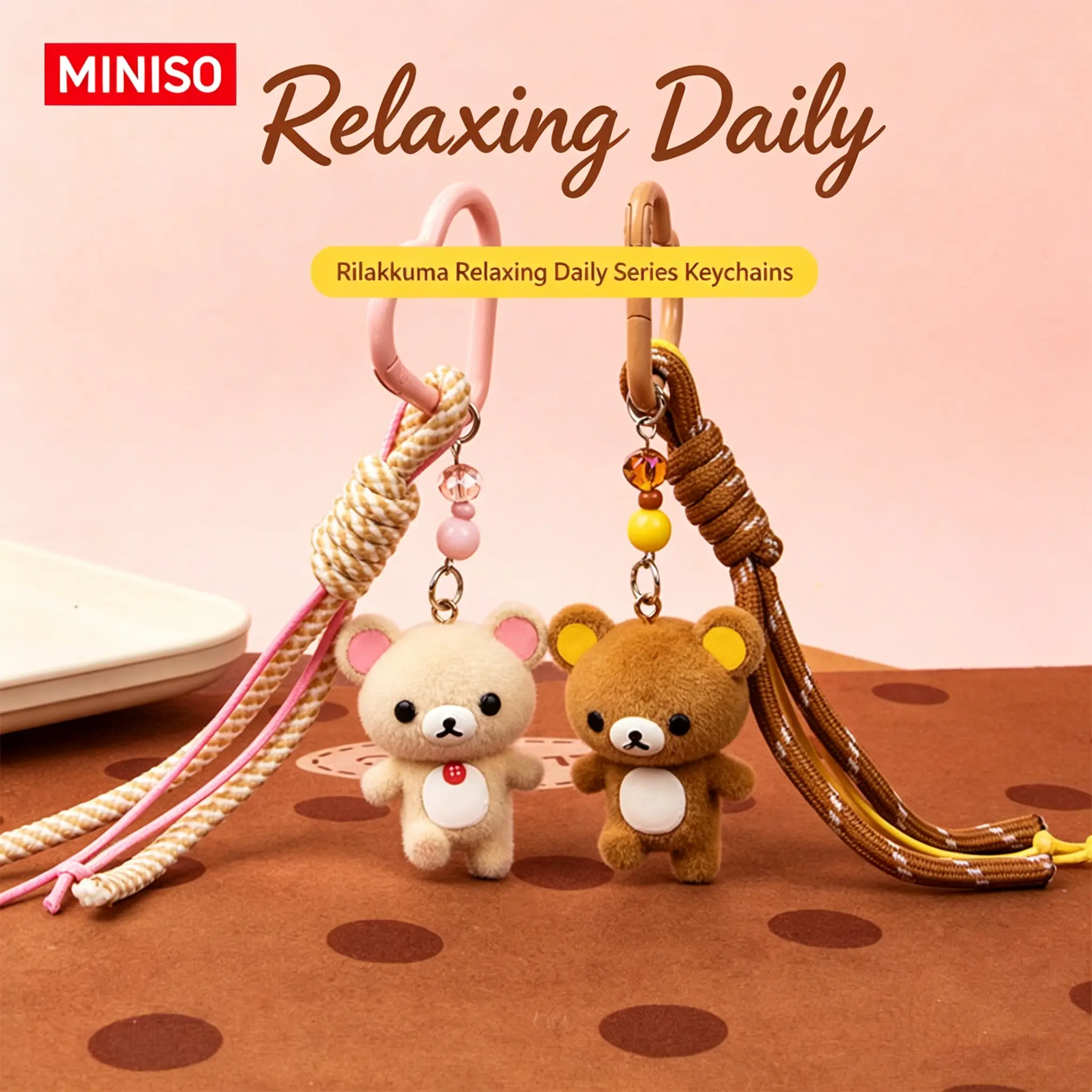 [Back to school]MINISO x Rilakkuma Everyday Series Heart-Shaped Keychain Accessory, Cute Knot Rope Bag Charm, Heart-Shaped Keychain Charms & Twillies for Backpack, Purse, Gifts, Back To School