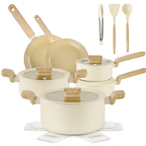 MGKKT 10pcs Non-Stick Kitchen Cookware Set with Granite Coating Induction Compatible Pots and Pans Includes Frying Pans Saucepans Wooden Glass Lid for Easy Cleaning